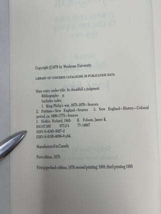 So Dreadfull a Judgment: Puritan Responses to King Philip's War, 1676–1677