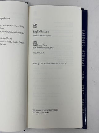 English Literature: Opening Up the Canon. Selected Papers from the English Institute, 1979